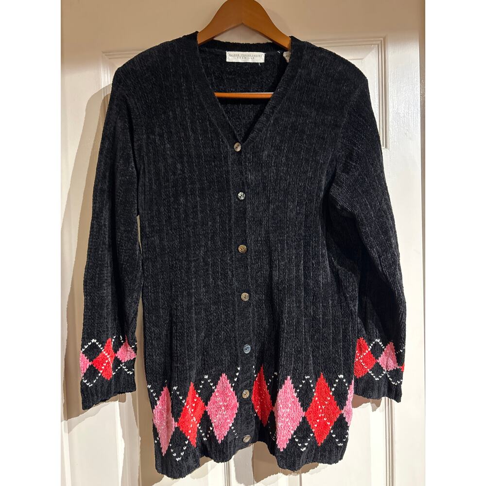 Vintage Valerie Steven’s Petites Black Chenille Cardigan with Argyle